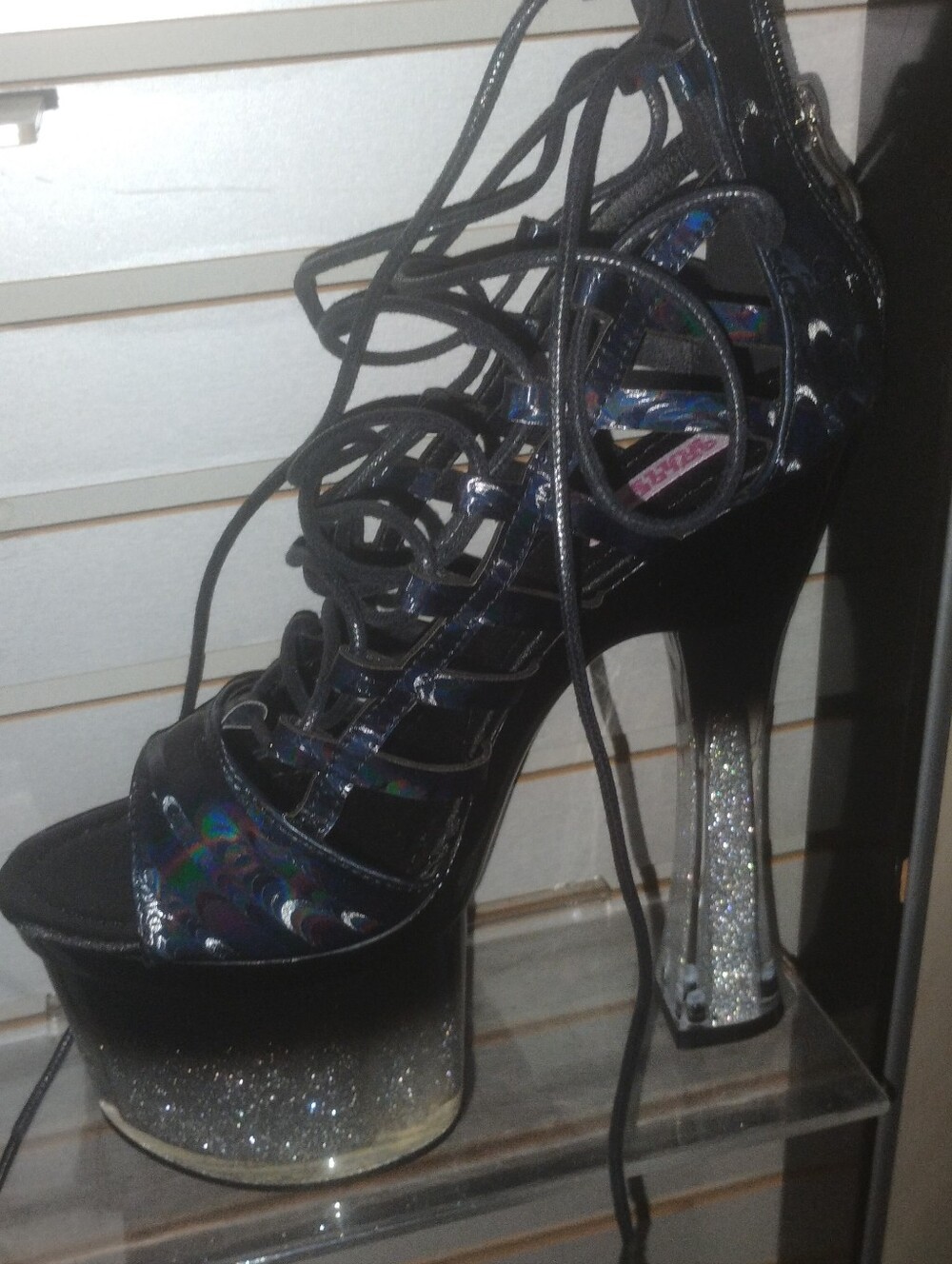 Black Lace-Up Glitter Platform High Heel Sandals